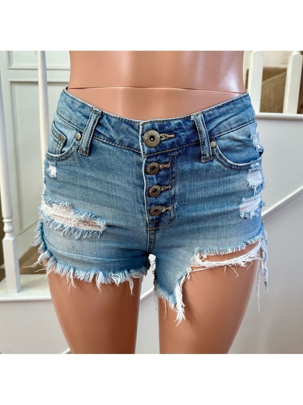 Buttonfly distressed high waist denim shorts